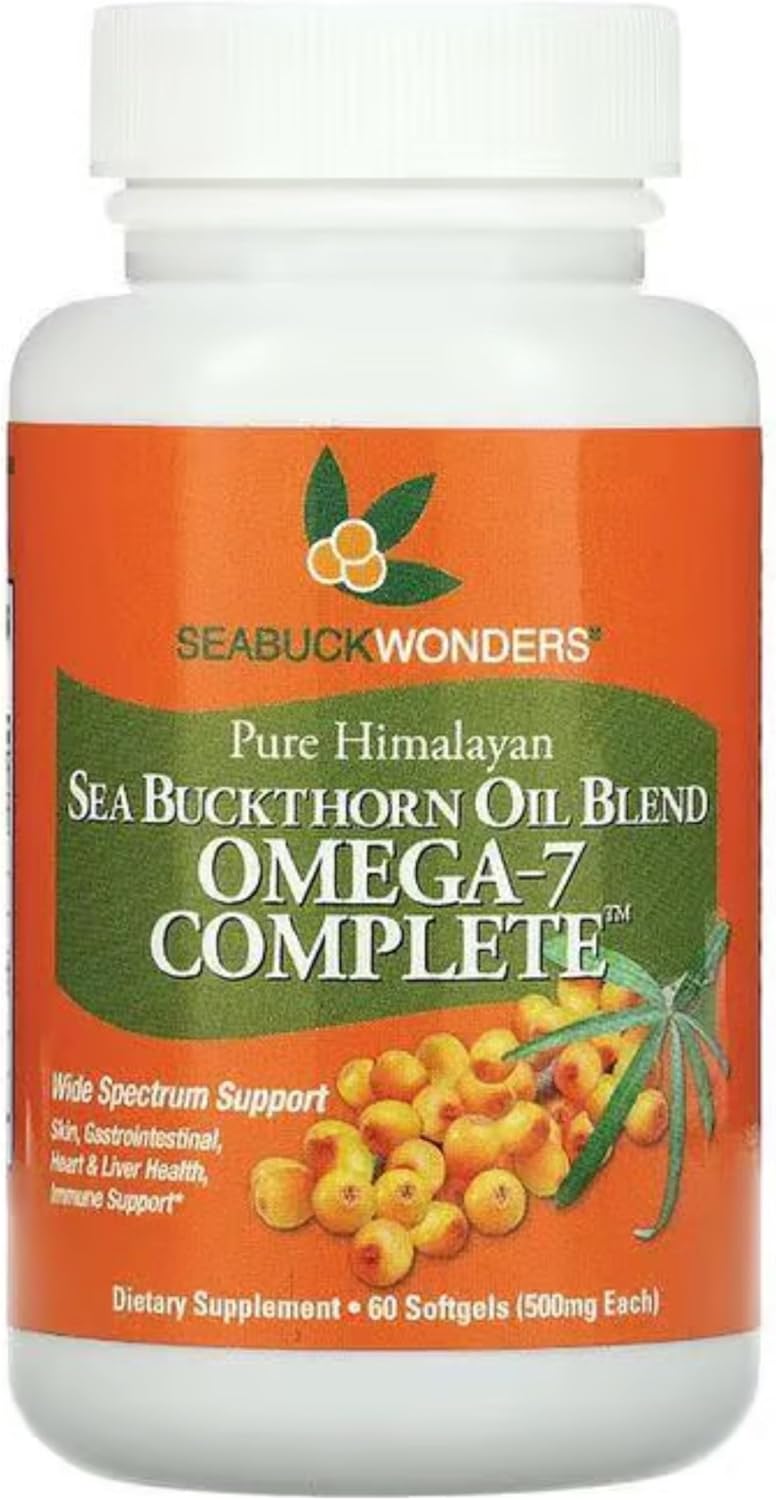 Organic Sea Buckthorn Oil, Omega-7 Complete Softgels, 60 Count, with Omega 3, 6 & 9, Supports Hair, Skin & Nail Health, 1000Mg per Serving