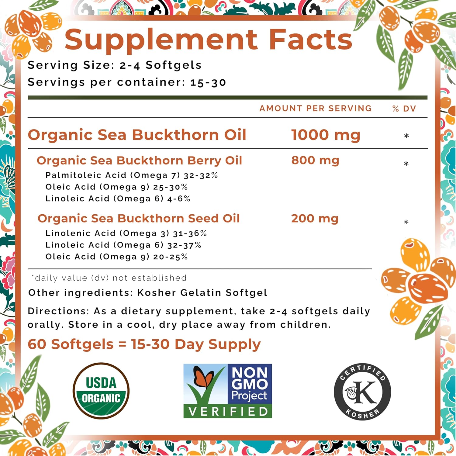 Organic Sea Buckthorn Oil, Omega-7 Complete Softgels, 60 Count, with Omega 3, 6 & 9, Supports Hair, Skin & Nail Health, 1000Mg per Serving