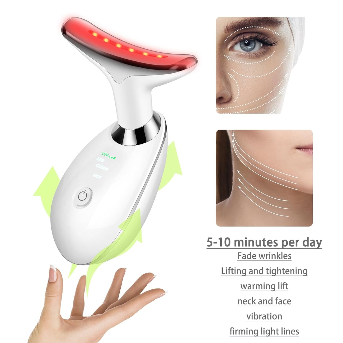 Face Neck Beauty Device, 7 Color Led Face Neck Massager,Multifunctional Facial Skin Care Tool, Ideal for Home Skin Care