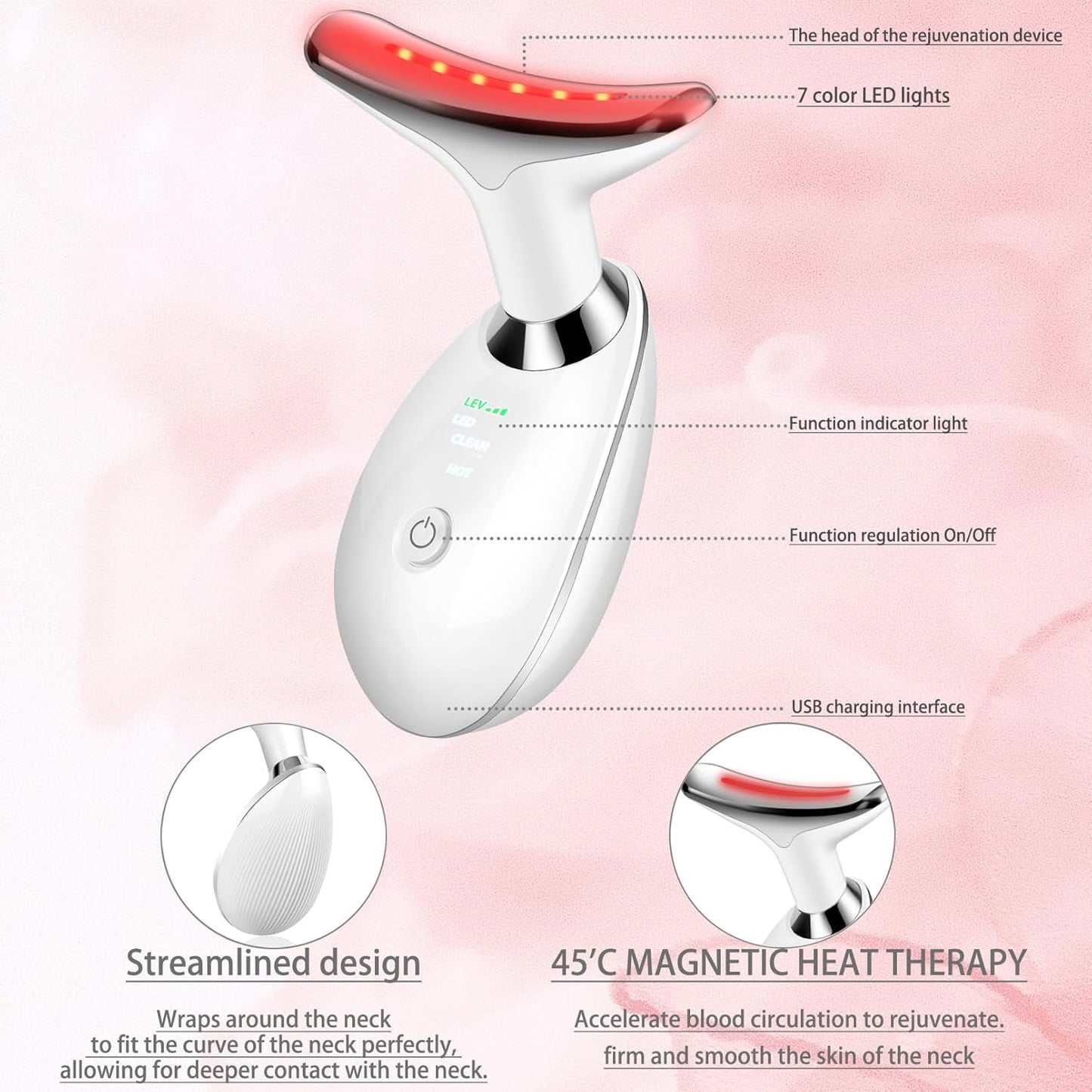 Face Neck Beauty Device, 7 Color Led Face Neck Massager,Multifunctional Facial Skin Care Tool, Ideal for Home Skin Care
