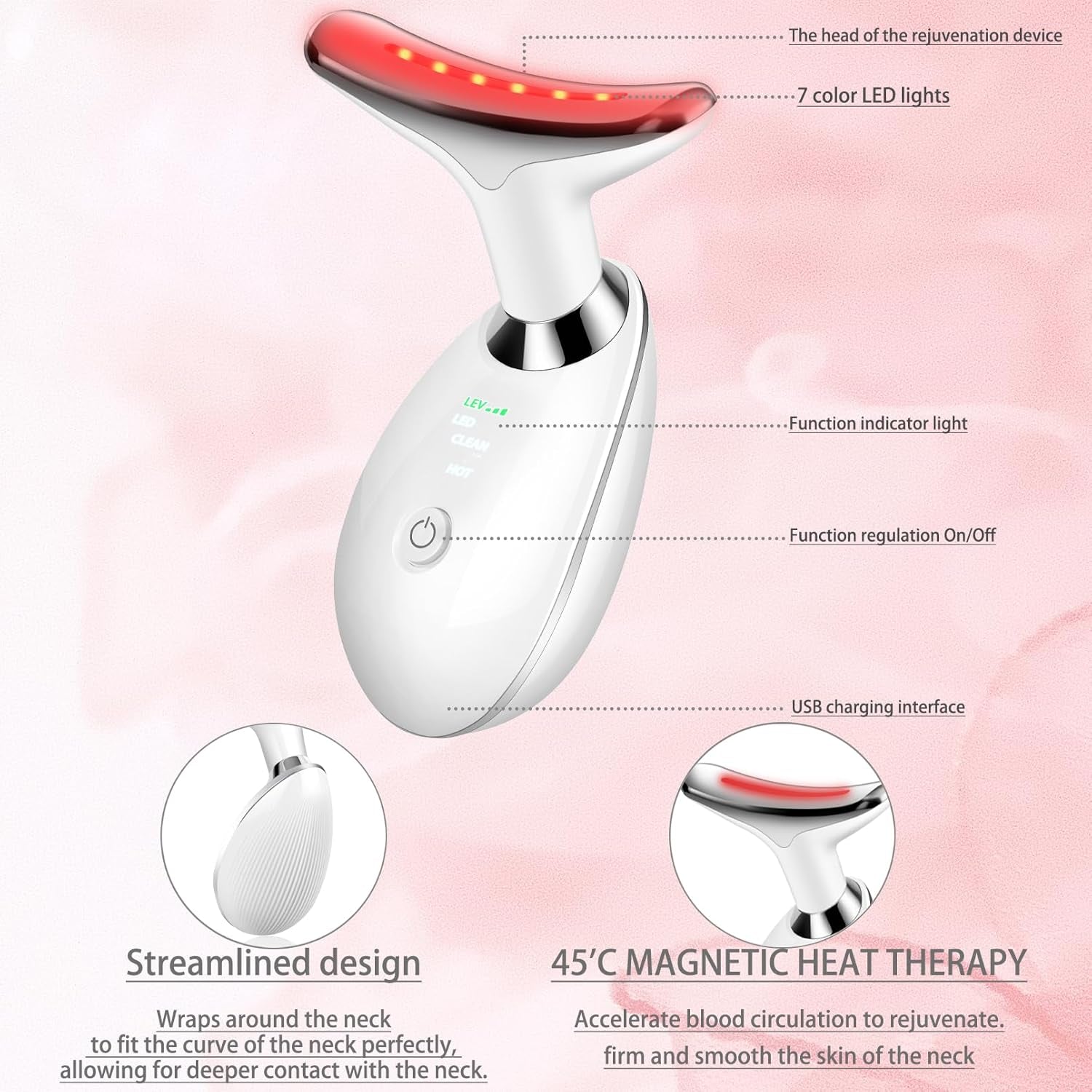Face Neck Beauty Device, 7 Color Led Face Neck Massager,Multifunctional Facial Skin Care Tool, Ideal for Home Skin Care