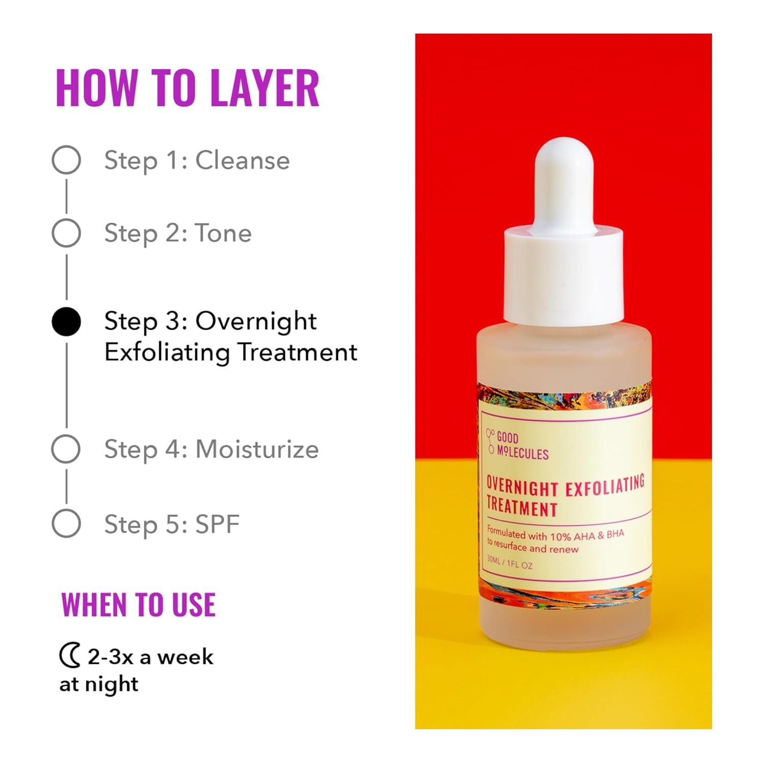 Overnight Exfoliating Treatment - Face Exfoliator with AHA & BHA Lightweight Formula - Pore Minimizer, Facial Skin Care with Glycolic & Salicylic Acid