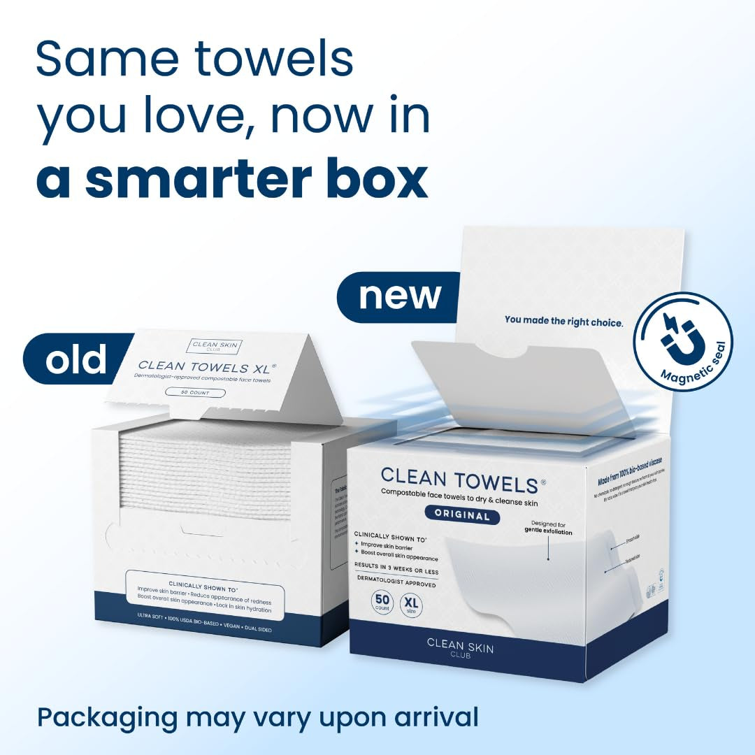 Clean Towels XL®, 100% USDA Biobased Face Towel, Disposable Face Towelette, Eczema Association Accepted, Makeup Remover Dry Wipes, Ultra Soft, 1 Pack, 50 Ct